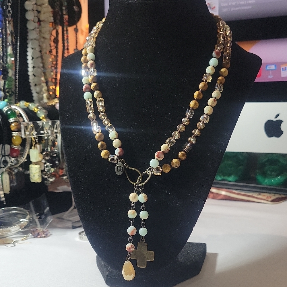 Stone And Glass Beaded Necklace, Mookite, Jasper, Cubed Glass
